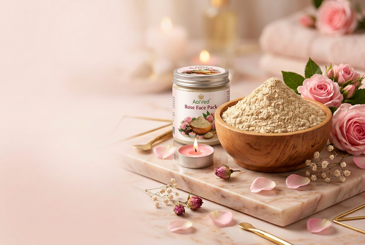 AaiVed Rose Face Pack on a marble tray with rose petals
